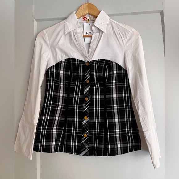 SOLD Vintage Black Plaid Corset White Collared Shirt - Picture 3 of 11